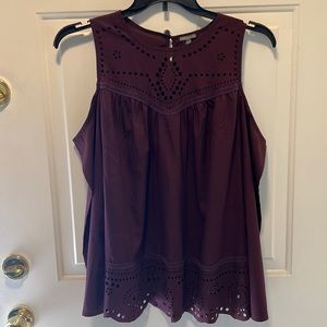 Long sleeve off the shoulder, high neck eggplant blouse